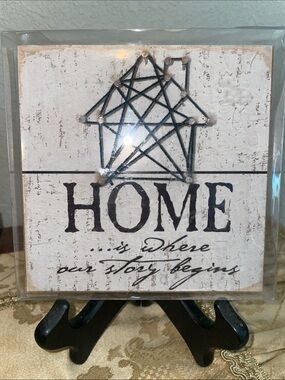Rustic Wooden Sign "HOME ... is where our story begins" Geometric String Art
